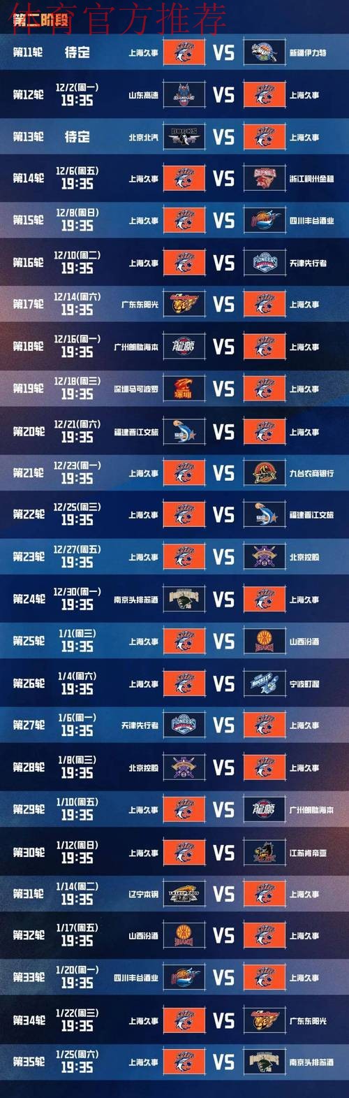 上海男篮分享常规赛赛程表：今晚将迎潜力赛首战